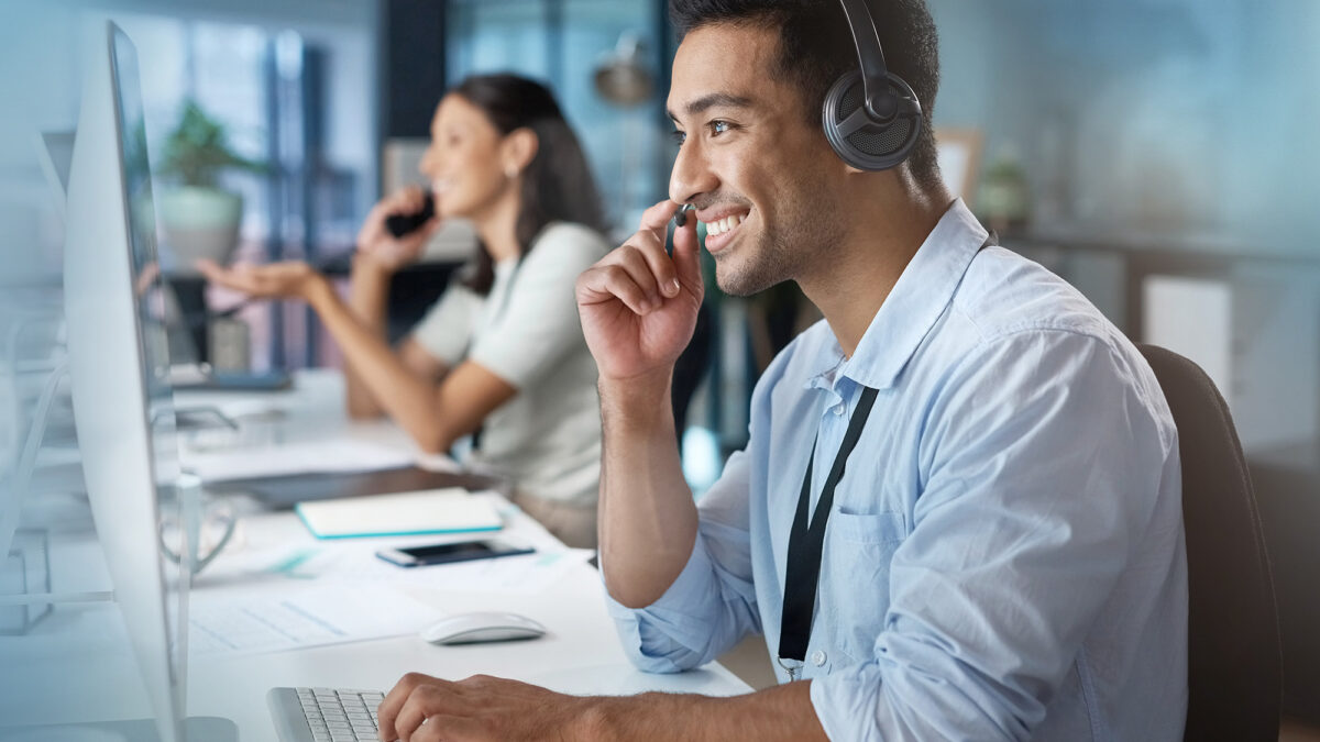 Contact us, mockup or happy consultant in a call center helping